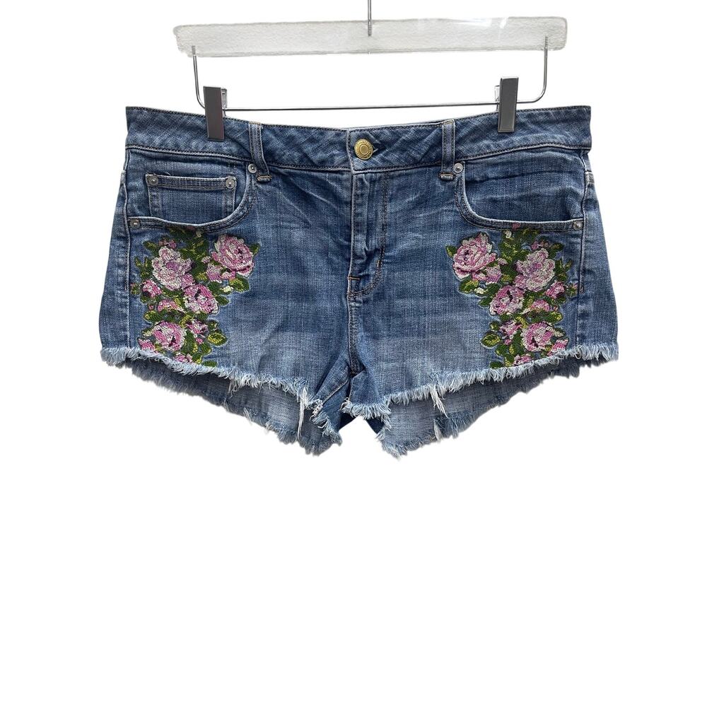 American Eagle Outfitters Stretch Floral Embroidered Denim Jean Shorts Size 14 - Picture 2 of 10